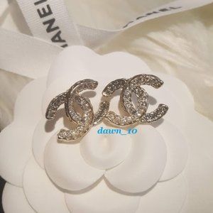 Chanel Clear and Grey Crystal CC Earrings, Gold